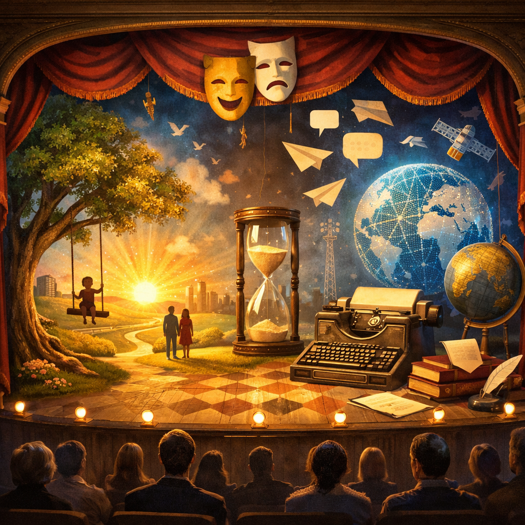 Theatrical stage with sunset, hourglass, typewriter, globe, and communication symbols